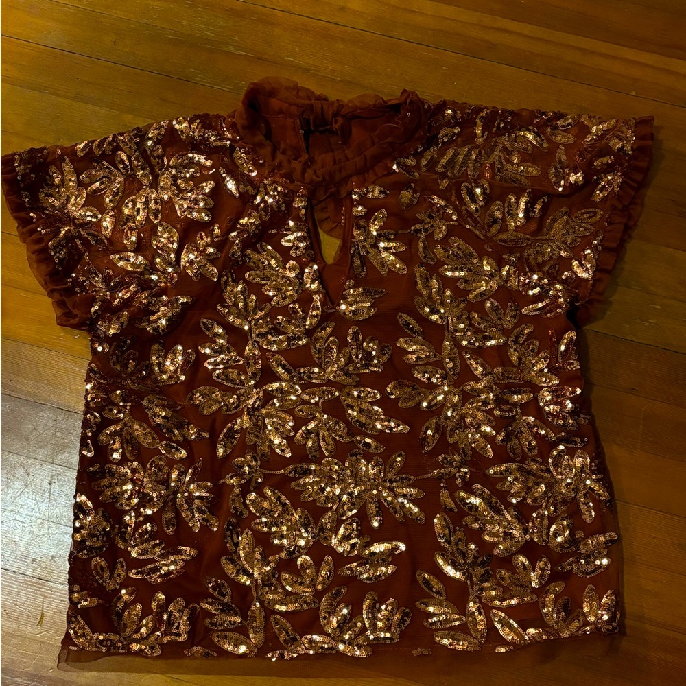Anthropologie.   ABSOLUTELY BEAUTIFUL BURNT ORANGE SEQUINED TOP. TIE NECK. SZ.L